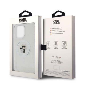 Karl Lagerfeld IML Glitter Karl and Choupette - ochranný kryt s MagSafe pro iPhone 15 Pro Max, čirý
